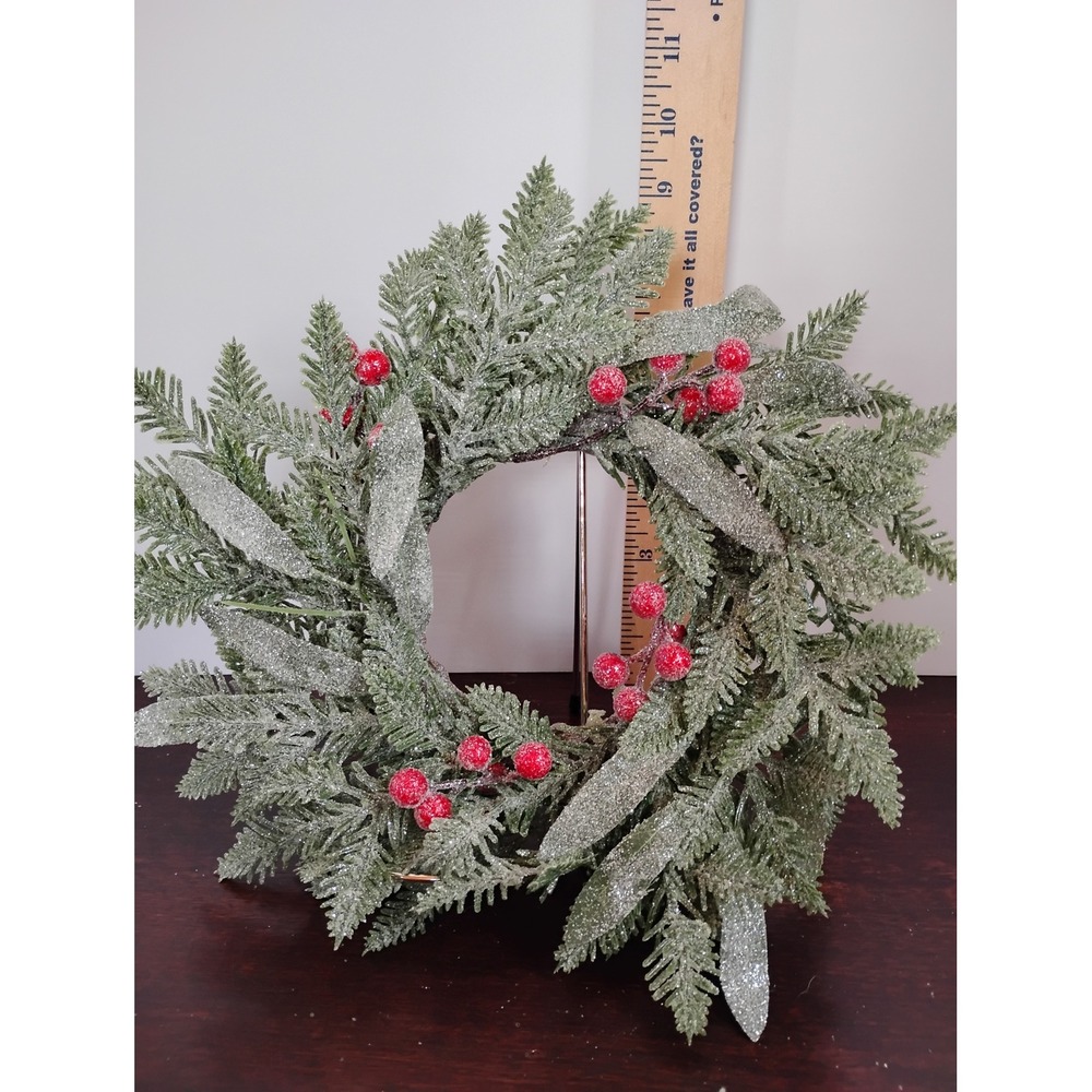 Set of 2 Frosted Evergreen Candle Rings Red Berries Christmas Wreaths 10"